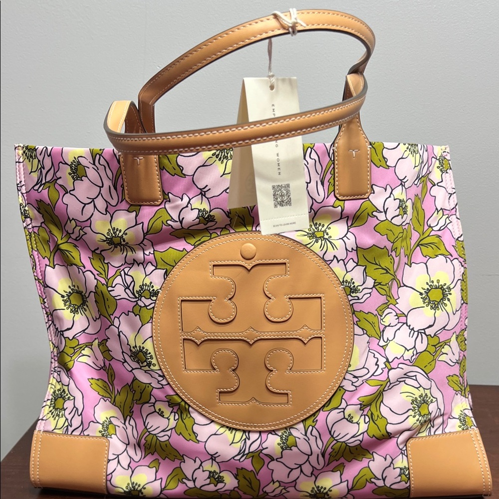 Tory Burch Pink and Tan Floral Tote